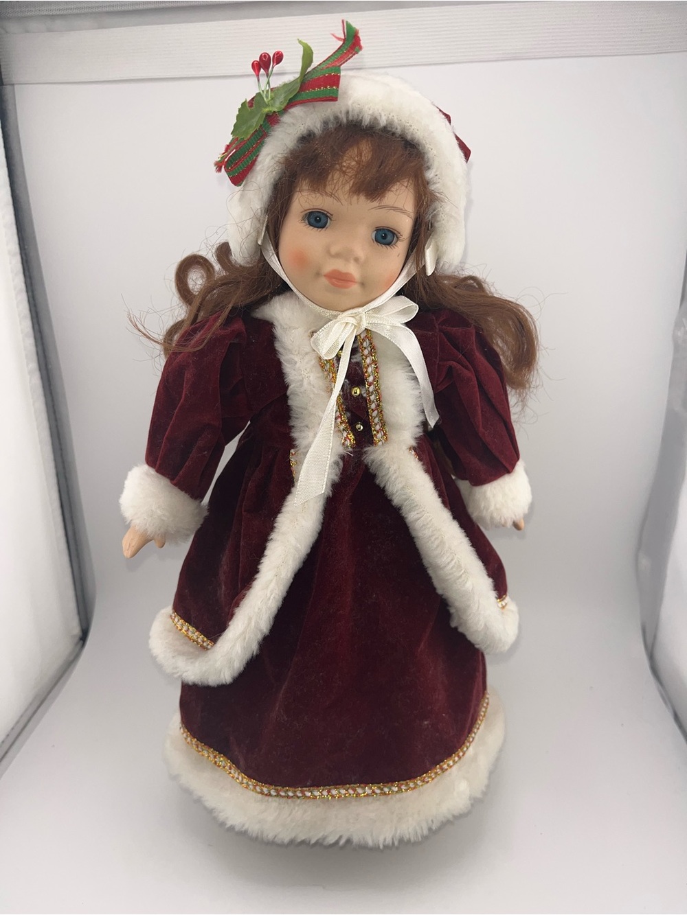 Festive Burgundy Holiday Doll with Fur-Trimmed Coat & Doll Display Stand